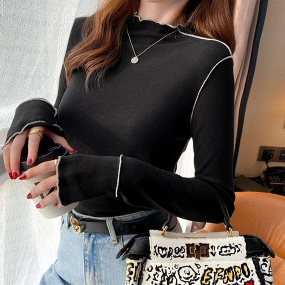 ブルベ夏/ブルベ冬服 配色パイピング ニット 微起毛 暖か インナー