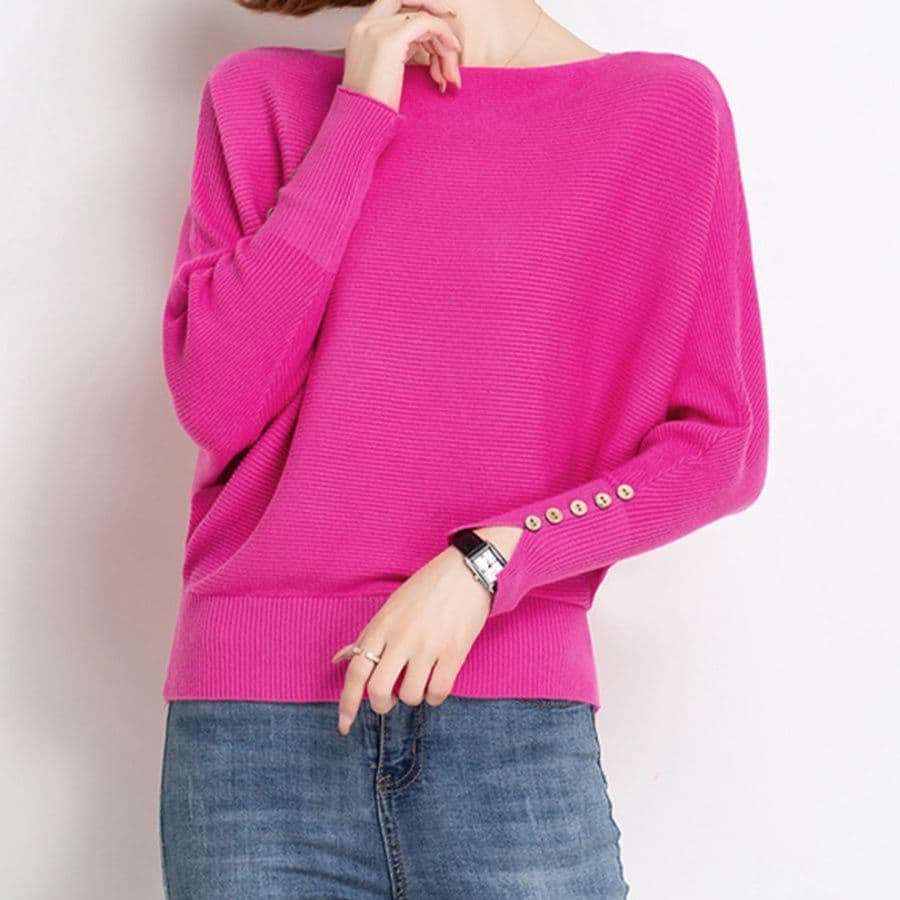 ブルベ夏/ブルベ冬服 上品ボートネック横リブドルマンニット袖ボタン付
