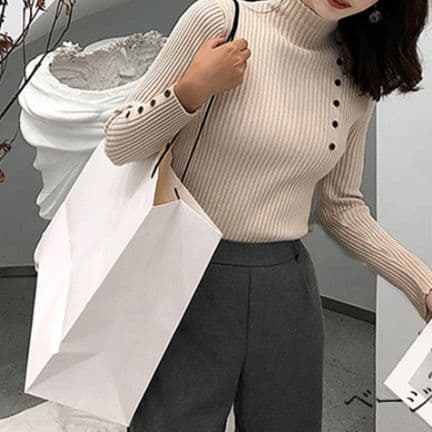 ブルベ夏/ブルベ冬服 ニット レディース 長袖 リブ編み ハイネック ボタン 秋冬