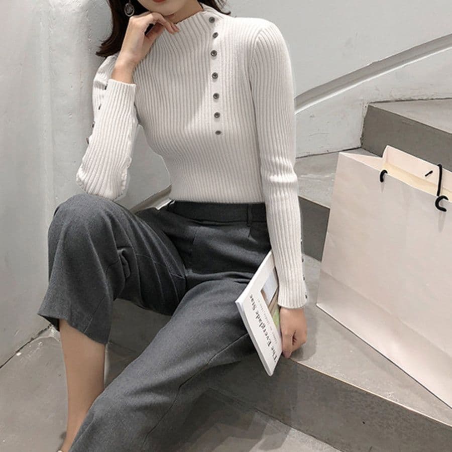 ブルベ夏/ブルベ冬服 ニット レディース 長袖 リブ編み ハイネック ボタン 秋冬