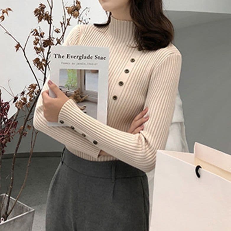 ブルベ夏/ブルベ冬服 ニット レディース 長袖 リブ編み ハイネック ボタン 秋冬