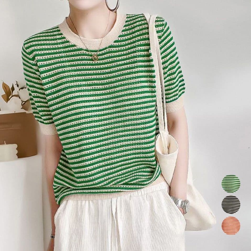 ブルベ夏/ブルベ冬服 ボーダー柄半袖ニットトップス薄手Tシャツ