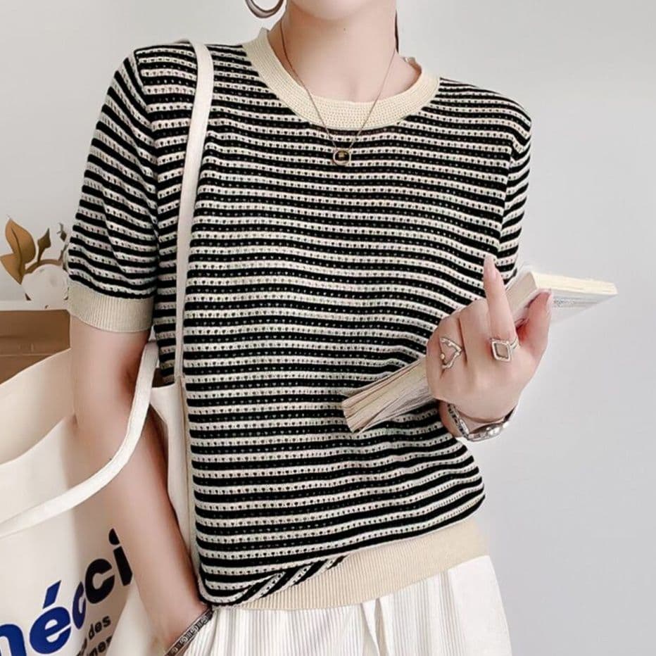 ブルベ夏/ブルベ冬服 ボーダー柄半袖ニットトップス薄手Tシャツ