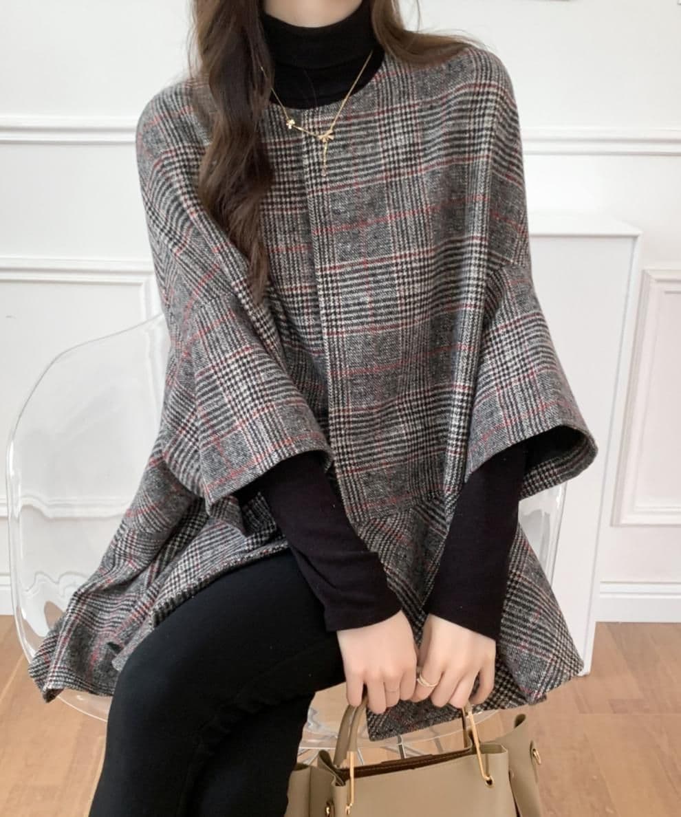 ブルベ夏/ブルベ冬服 千鳥格子柄ノーカラーオーバーサイズコート