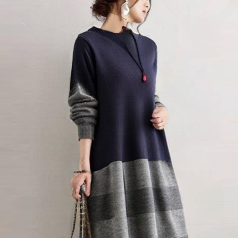 ブルベ夏/ブルベ冬服 上品なバイカラーニット切り替え長袖マキシワンピース