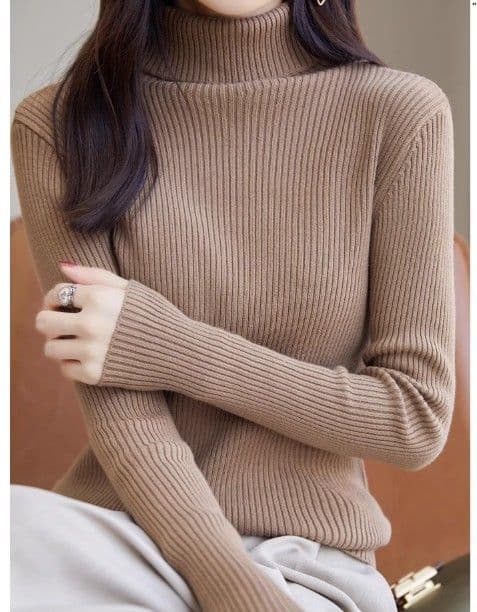 ブルベ夏/ブルベ冬服 上品タートルネック縦リブニットトップス