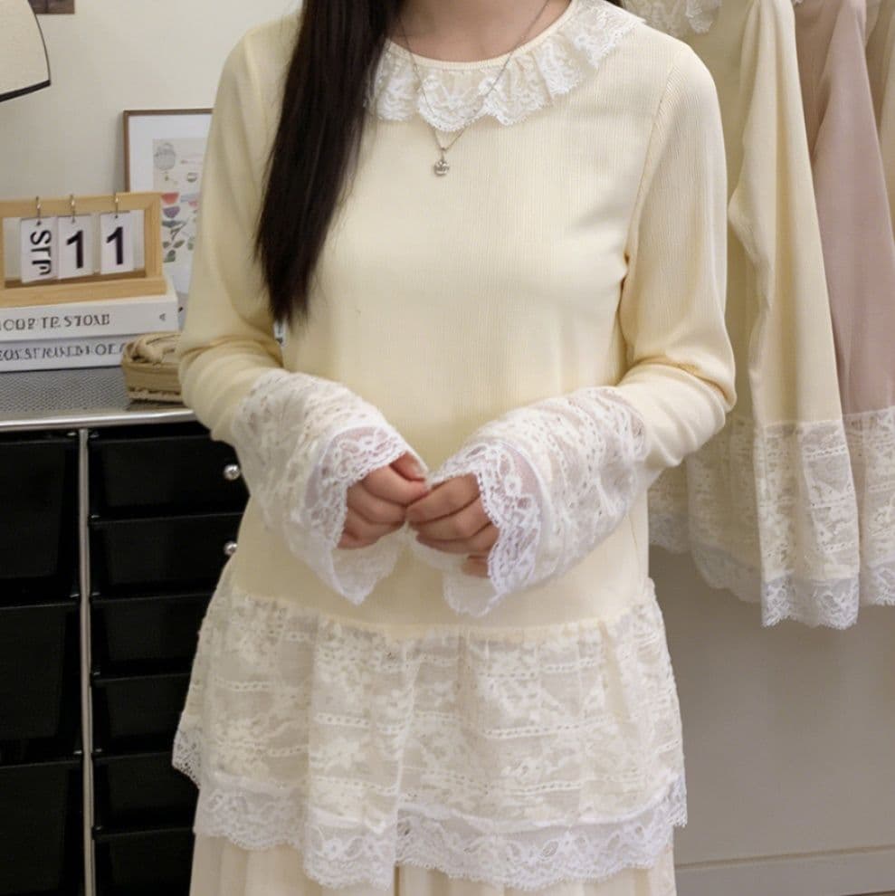 ブルベ夏/ブルベ冬服 レース切り替え長袖ティーシャツ女性らしいトップス