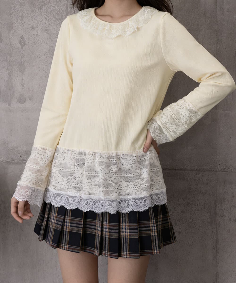 ブルベ夏/ブルベ冬服 レース切り替え長袖ティーシャツ女性らしいトップス