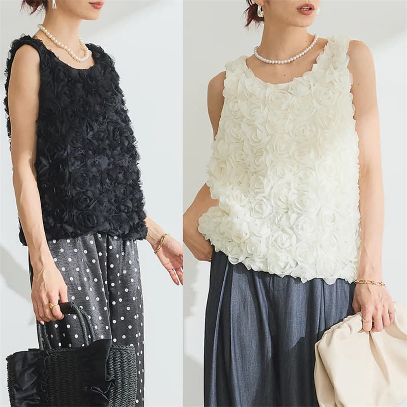 ブルベ夏服 立体バラ装飾 ノースリーブブラウス
