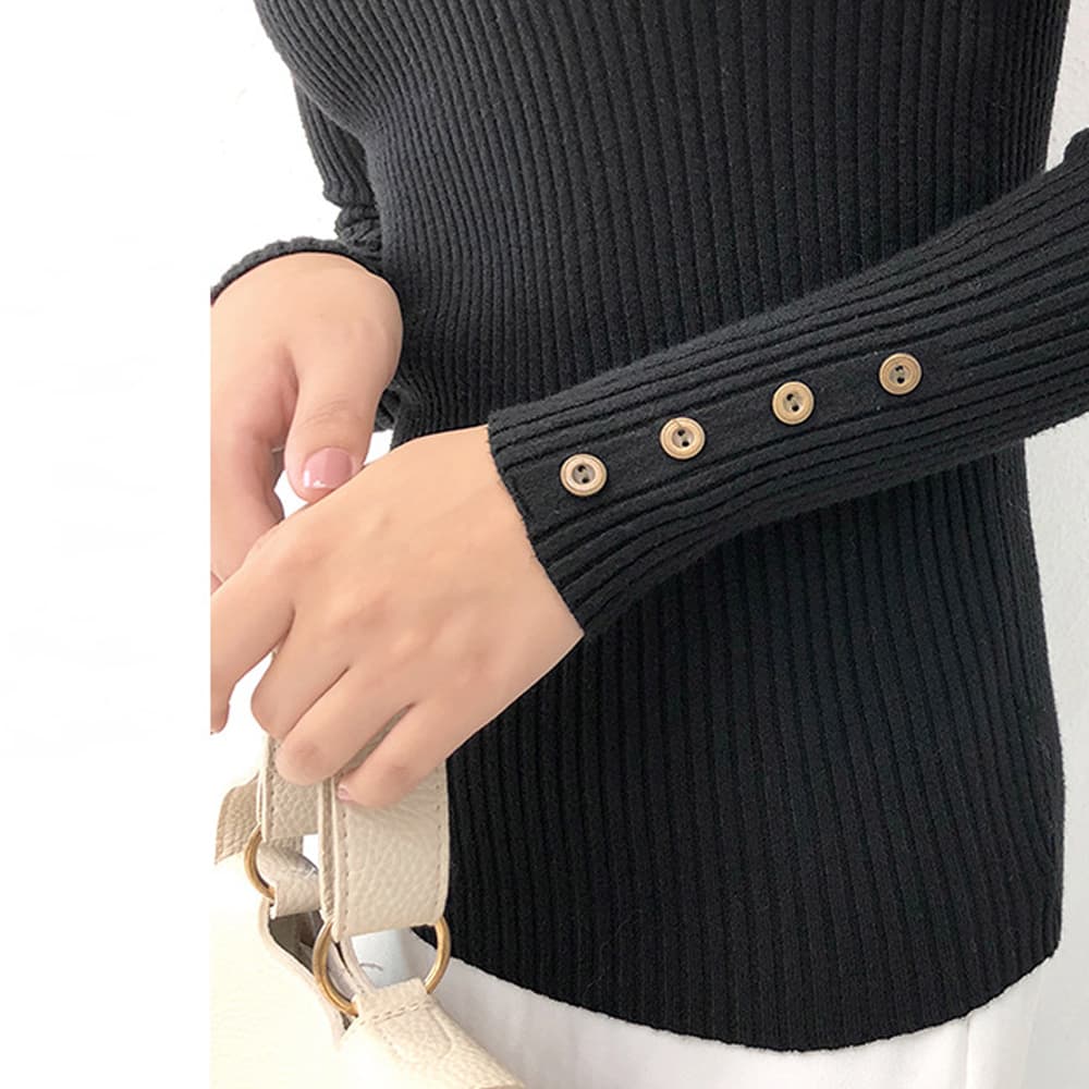 ブルベ夏/ブルベ冬服 ニット レディース 長袖 リブ編み ハイネック ボタン 秋冬