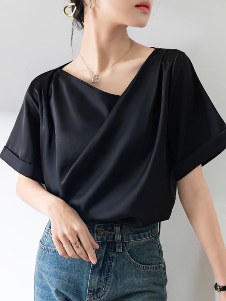 ブルべ冬服 ドレープネック半袖とろみ素材Tシャツ