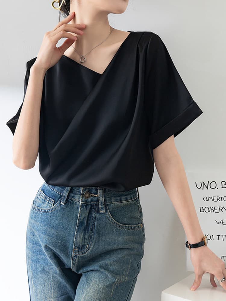 ブルべ冬服 ドレープネック半袖とろみ素材Tシャツ