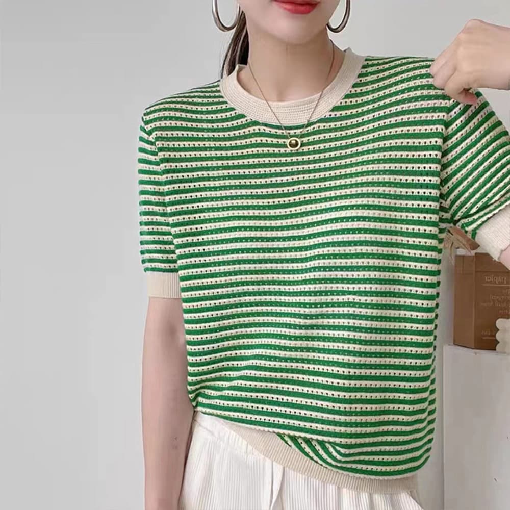 ブルベ夏/ブルベ冬服 ボーダー柄半袖ニットトップス薄手Tシャツ