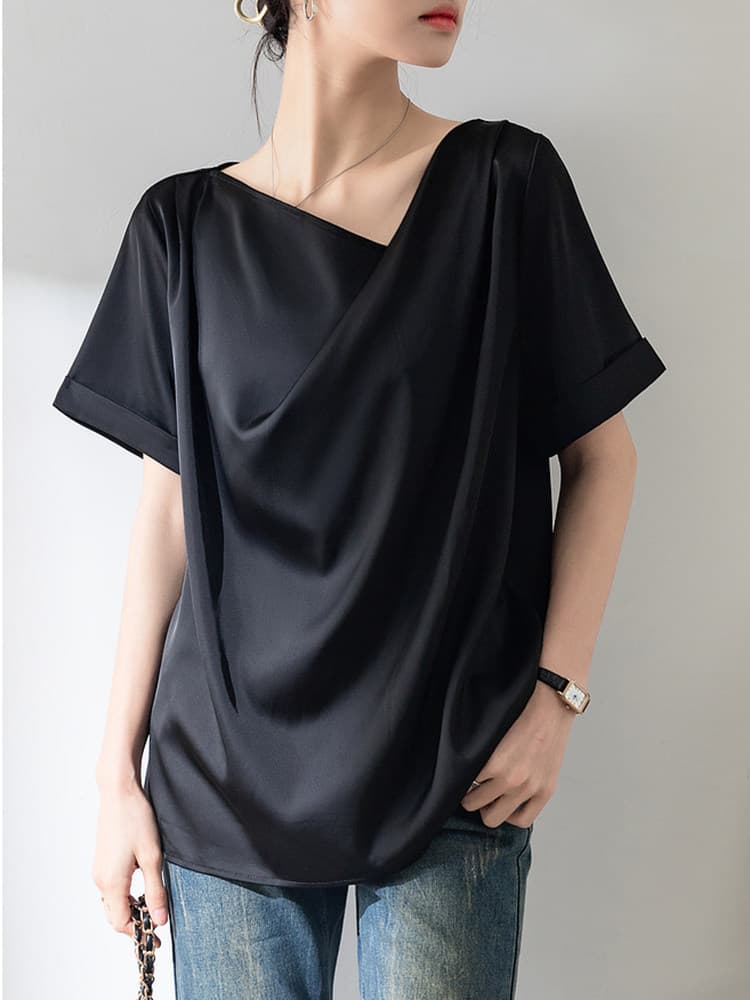 ブルべ冬服 ドレープネック半袖とろみ素材Tシャツ