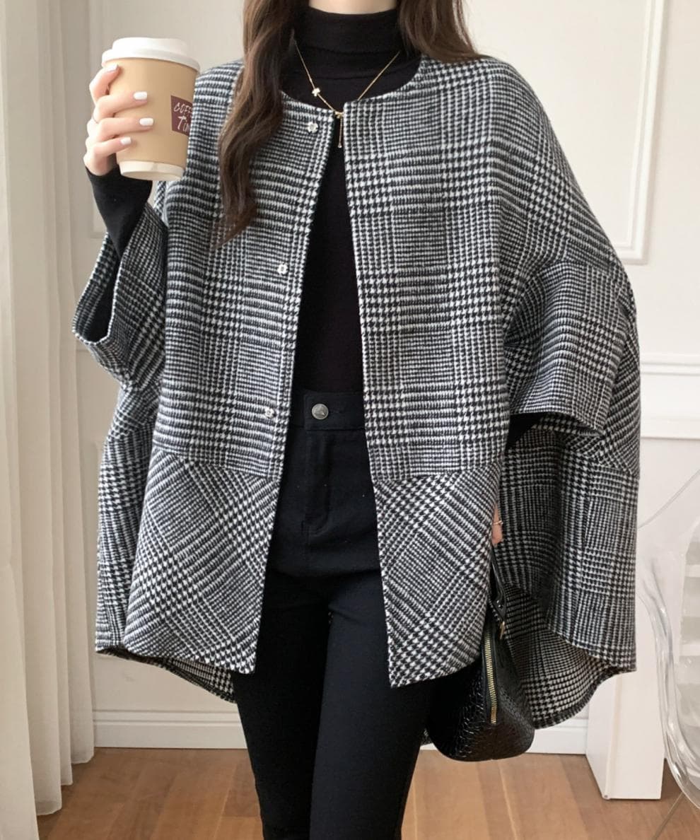 ブルベ夏/ブルベ冬服 千鳥格子柄ノーカラーオーバーサイズコート