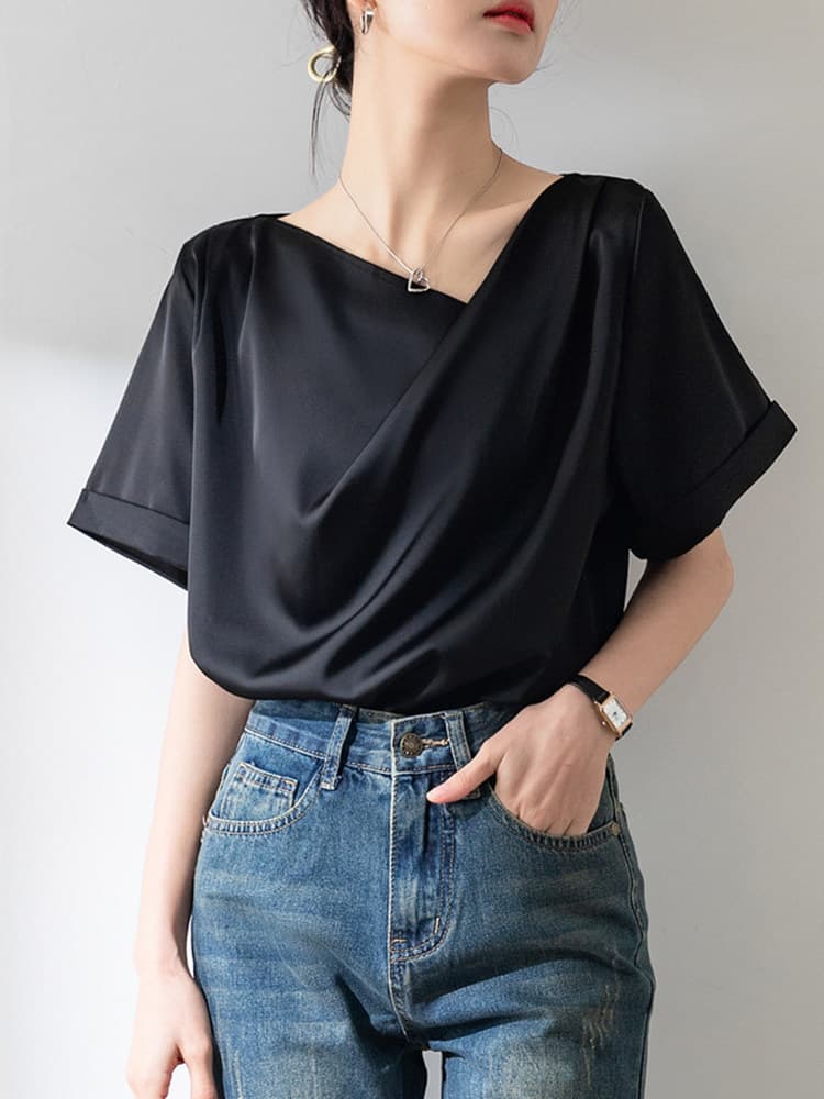 ブルべ冬服 ドレープネック半袖とろみ素材Tシャツ